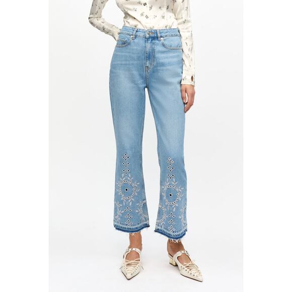 Ganni Denim - Ganni Broderie Anglaise Betzy Jeans in Light Blue Stone 28